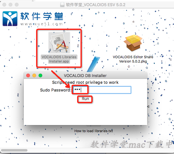 4打開【VOCALOID5 Libraries Installer.app】，輸入開機(jī)密碼，然后點(diǎn)擊【Run】